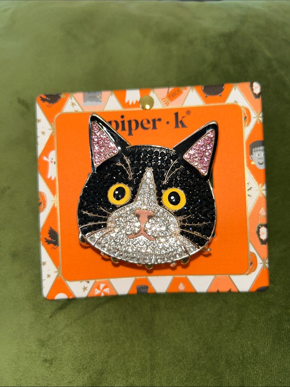 Piper Black White Crystal Cat Hair Clip with Pink Ears and Yellow Eyes